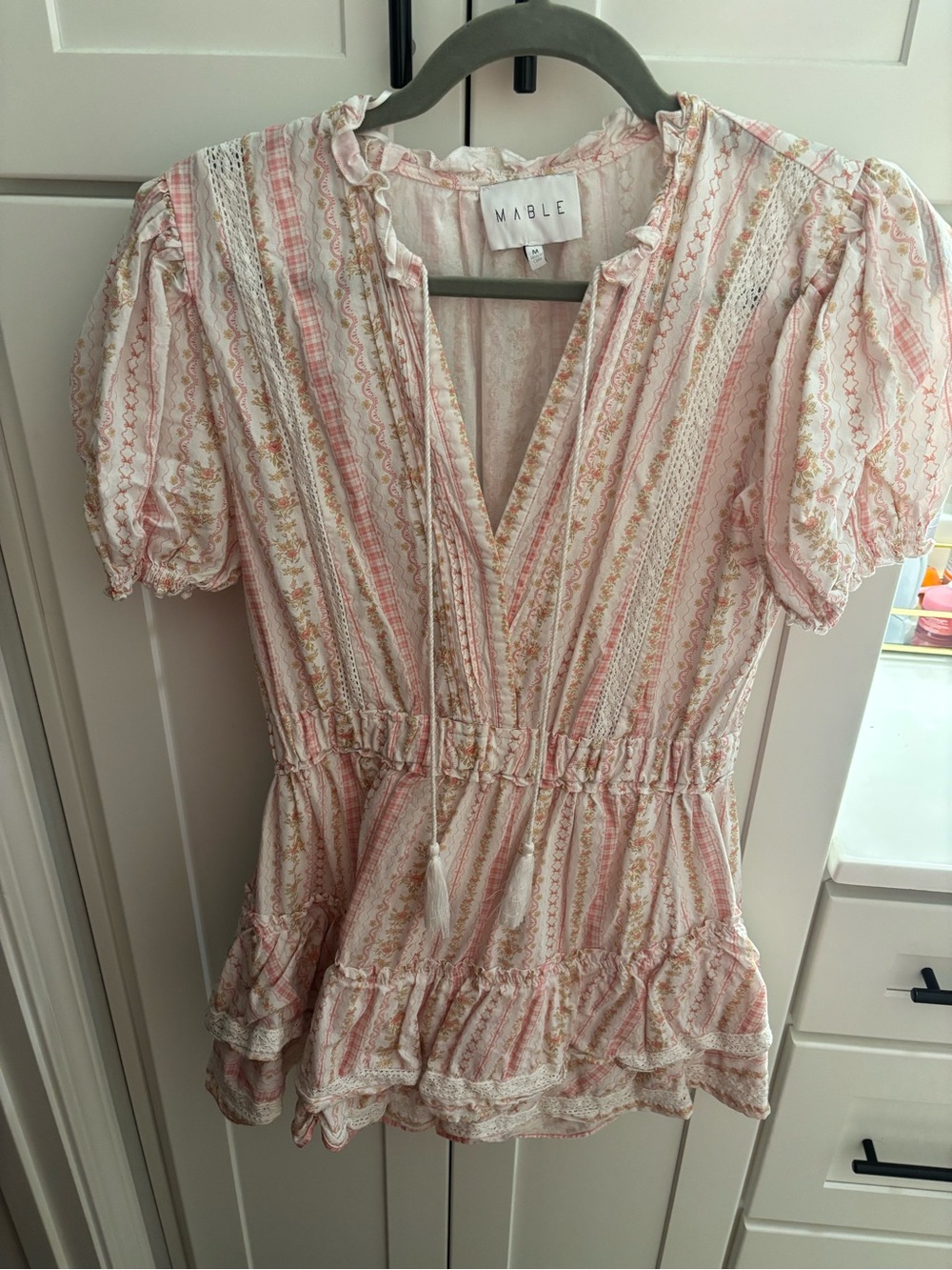 MARBLE Pink & Cream Striped Ruffled V-Neck Blouse